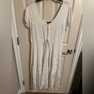 Flower Bohemian Peasant Lace-Up Maxi Dress, Ivory, Plus Size